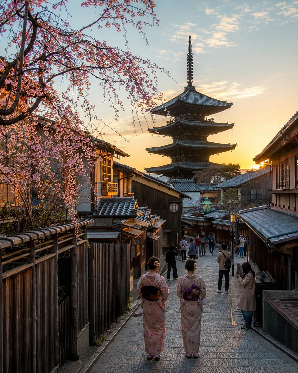 Kyoto pagoda street at golden hour with cherry blossoms